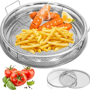 Stainless Steel Oil Draining Rack with Tray, Foldable Round Metal Mesh Basket with Drain Pan, Dishwasher Safe, Multi-Model Compatible, Fine Mesh Strainer, Food Colander Kitchenware, Kitchen Strainer Utensils