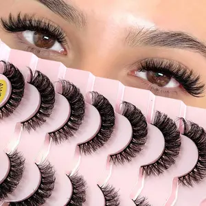 7pairs Classic Russian Volume Eyelash Extension In Cat Eye Style With Mink Hair Material, Natural Looking D Curl Fluffy Fake Eyelashes