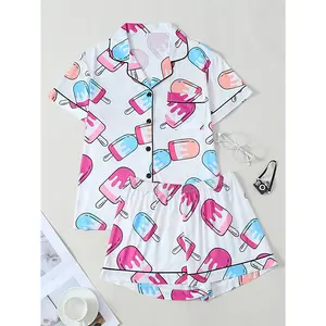 Cool Summer Style Ice Cream Cone Print Short Sleeve & Short Pants Pajama Set, Lapel Cardigan Contrast Trim Loungewear, Casual Sweet 2-Piece Homewear for Daily & Outdoor Wear