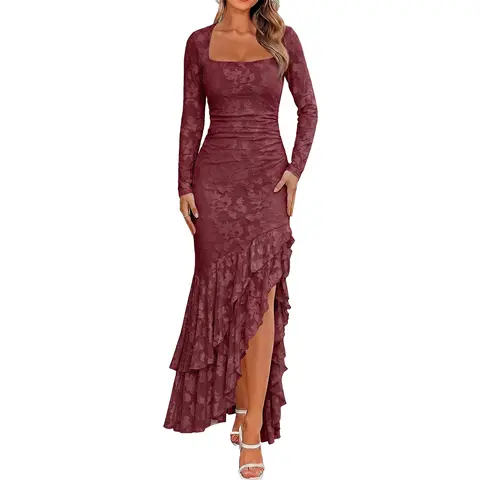 BORIFLORS Women's Formal Square Neck Long-Sleeve Floral Embroidery Mesh Maxi Dress, Ruffle High Slit Mermaid Bodycon Gown, Elegant Fall Wedding Guest Outfit for Evening Cocktail Prom Party, Black Friday Deals, Halloween Outfit, Homecoming Dresses, Y2K
