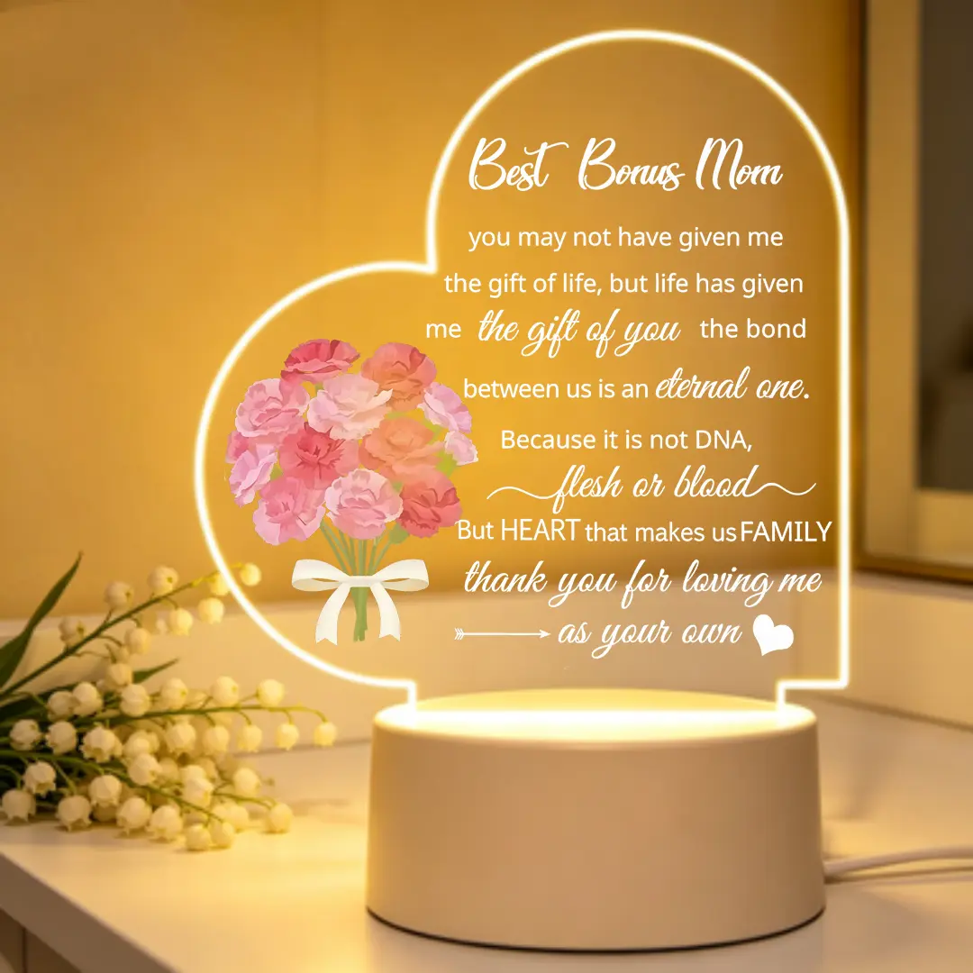 Heart Shaped Acrylic LED Night Light (12cm) - Bedroom Lighting, Decorative Lights, LED Decoration with Smooth Sleek Acrylic Insert, Warm Quotes, Modern Indoor Desktop Decor, Thoughtful Mom Gift