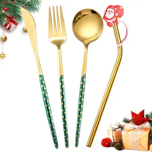 4pcs Flatware Silverware Set, Creative Christmas Stainless Steel Knives, Forks, Spoons & Straws, Tableware Cutlery Set, Christmas Gift