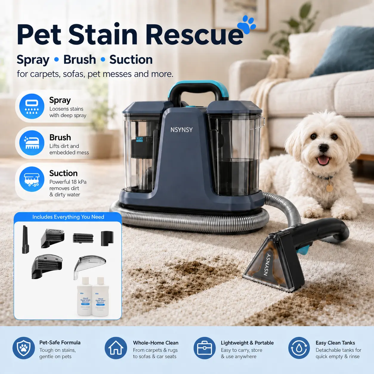 Portable Upholstery & Carpet Spot Cleaner Machine - Strong Suction, Scrubbing Brush, Stain Removal, Dual Tanks, Fast Dry Fabrics, Fewer Passes Clean, Long Hose for Pet Stains, Spills on Couches, Car Interiors