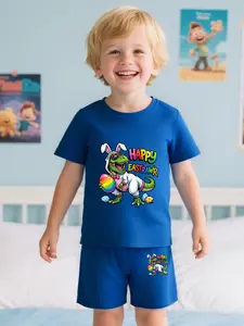 Boys' Round Neck Short Sleeve T-Shirt Sports Set Easter Cartoon Dinosaur Holding Colorful Eggs Rabbit Ears Letter Print Casual Two-Piece