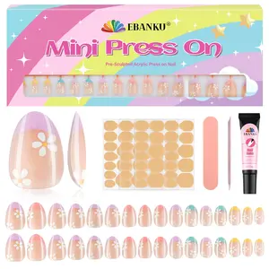 16 Sizes 32 Pieces Press on Nails for Kids, Full Sizes Kids Nail Kit Flower Almond Fake Nail Tips for Girls with Jelly Nail Adhesives & Nail Glue Easter Gifts