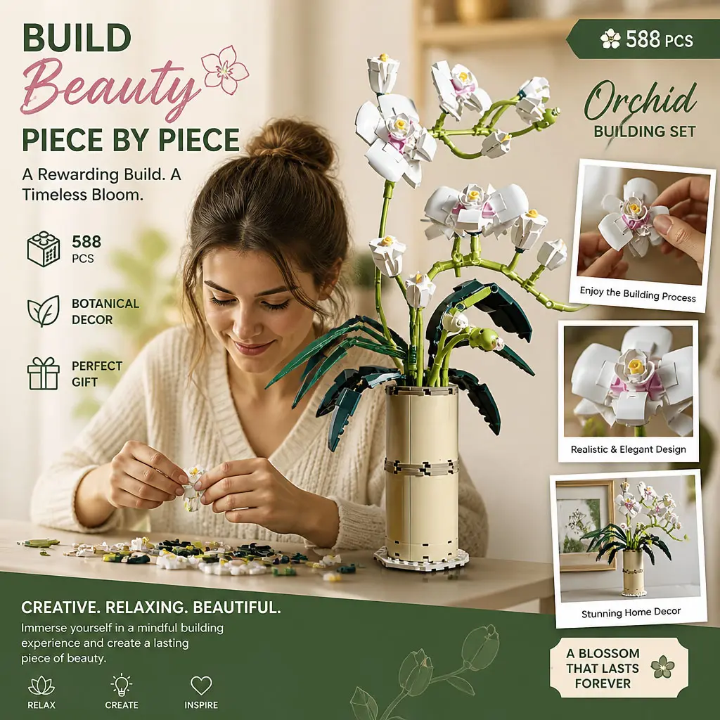 Orchid Building Set 588 PCS Botanical Decor Realistic Elegant Design Perfect Gift for Mindful Building Experience