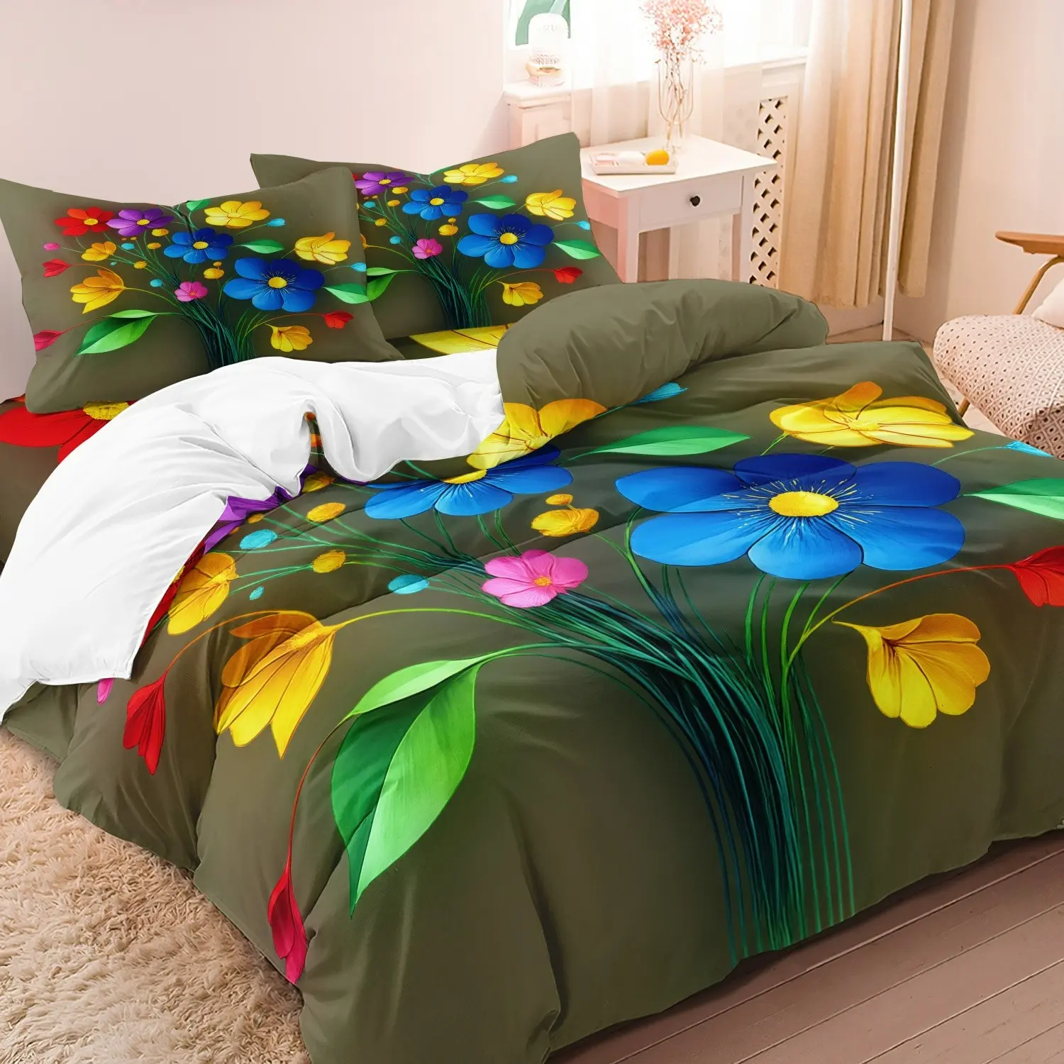 3pcs Set 3D Floral Pattern Duvet Cover Set - Ultra-Soft Sanded Fabric, Digital Print Polyester 100% - All-Season Zippered Polyester Decorative Bedding Set with Pillow Cases - No Duvet Insert (1 Duvet Cover + 2 Pillowcases,No Core) Soft Bedding Sets