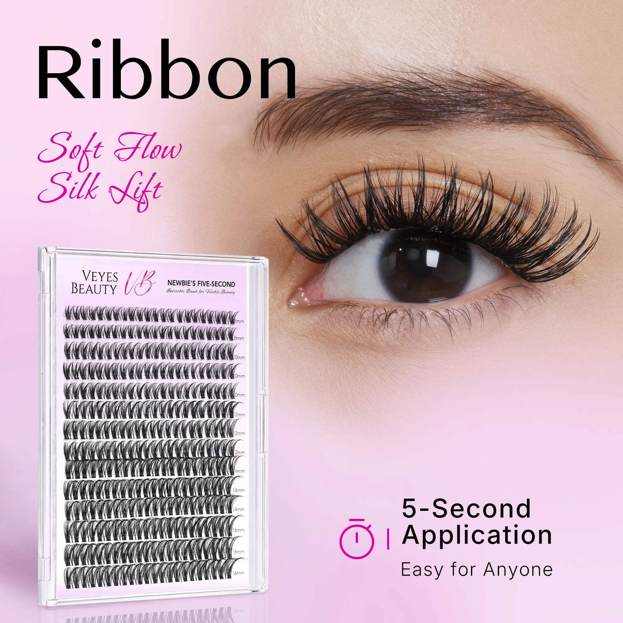 VEYESBEAUTY VB-Ribbon Cluster Lashes Individual Lash Extensions Layered Wispy Faux Mink Lash Newbie's Five-Second DIY Mixed Length for Self Application Makeup at Home Cosmetic Eyelashes Extensions