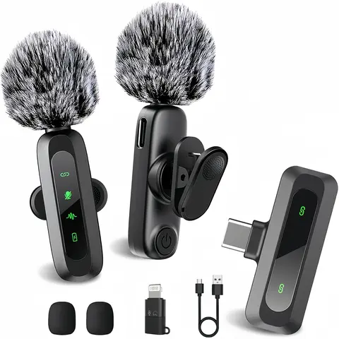 Summerwins Wireless Mini Lapel Microphone with Plug, Rechargeable Receiver, Lightning & USB Type-C Adapters, 360° Omnidirectional Audio, 14H Battery, Noise Reduction, Portable Mic for Smartphone, Cameras (iPhone 15/16, iPad, Android), Podcast Setup