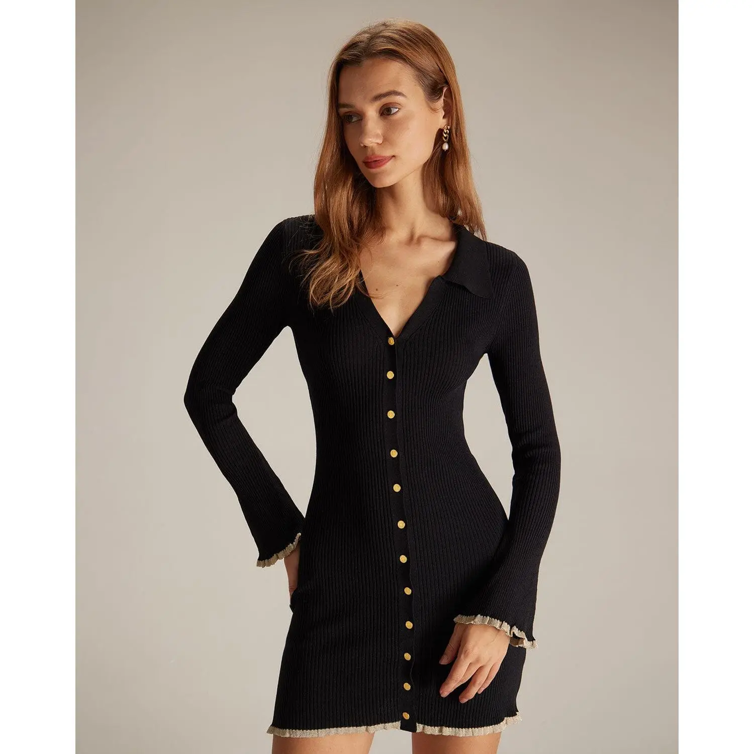 RIHOAS Women's Fitted Bodycon Knitting Dress - Elegant V-Neck Long Sleeve Viscose Mix Mini with Contrast Trim, Medium Stretch That Hugs, Mini Length for Leg-Length Look, Polished for Events, Bodycon Stretch Dresses