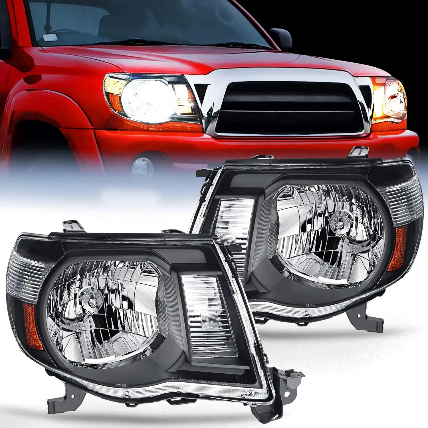 Nilight Headlight Assembly for 2005-2011 Toyota Tacoma, Black Housing, Amber Reflector Replacement Headlamp, Waterproof Headlight, H4 Bulbs, Headlight Waterproof