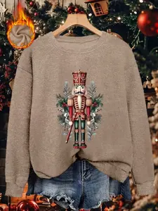 Women's Fall Winter Fitted Sweater, Vintage Nutcracker Print, Christmas Decoration Pattern, Soft Warm Knit Fabric, Casual Style