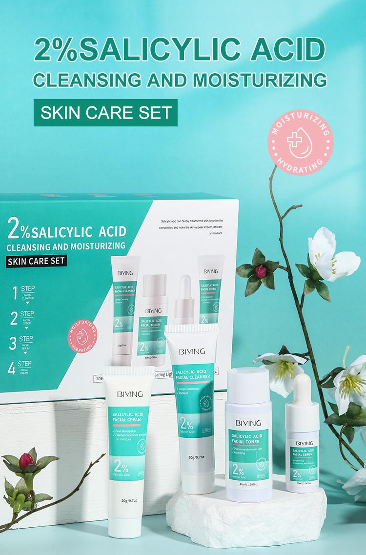 【BIYING】【FDA】2% Salicylic Acid 4-Piece Acne Travel Set | For Cystic & Hormonal Acne, Complete Cleanser Toner Moisturizer Kit, Unscented For All Blemish Prone Skin