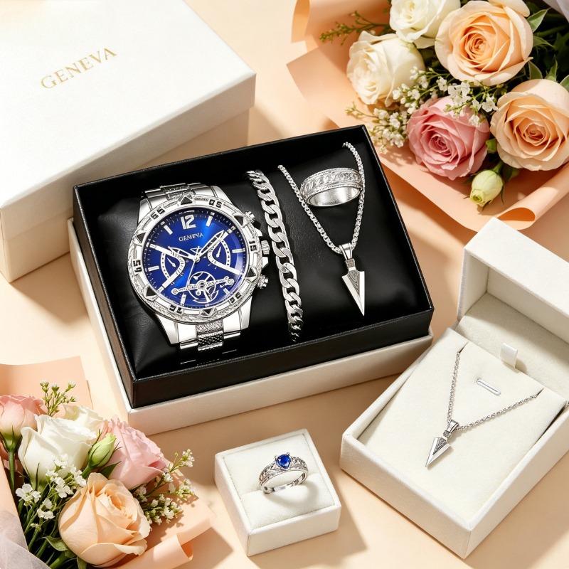 Viral 4-Piece Men’s Silver Kit | Blue Dial Watch + Cuban Bracelet & Ring