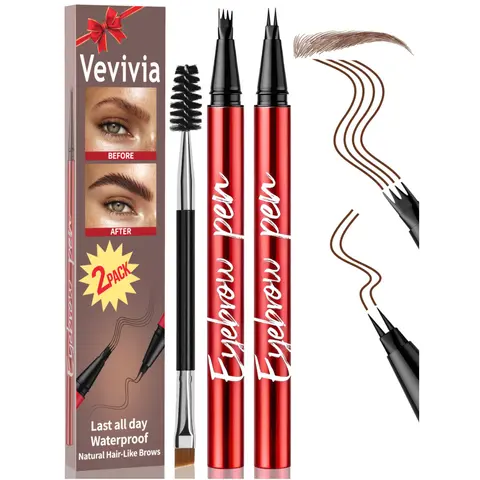 Vevivia Beauty 2-Pack Eyebrow Pens with Brush - Cosmetic Eyebrow Pencil, Brow Liner, Make Up for Adults, 4-Tip & 2-Tip Waterproof, Sunscreen, Long-Lasting Natural Look, All Skin Types #SohoChic