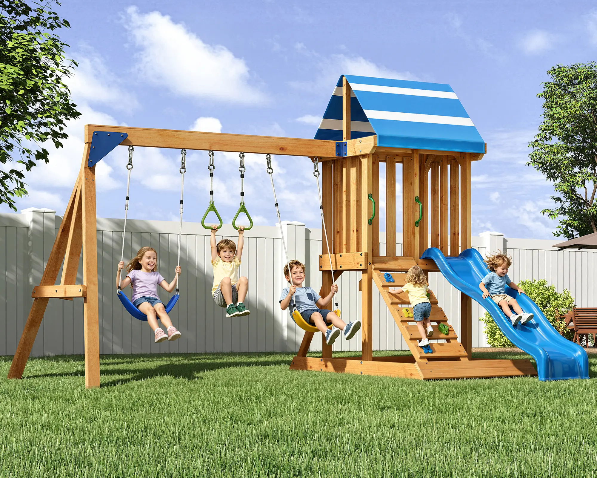 ALBOTT Wooden Swing Set for Kids with Tower Playhouse, Including Wave Slide, 2 Belt Swings, Rock Climbing Wall, Raised Play Deck, Canopy Roof, Backyard Playset for Ages 3–8/Christmas Gifts/Best Gift Ideas/Cozy Home