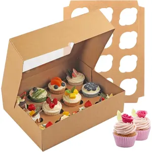 Cupcake Boxes 12 Count, 2 Pack Disposable Cupcake Containers,  Grade Cupcake Carrier with Window and Inserts, Cupcake Transport Holders Bulk for Muffins Cookies  Dessert(Brown)