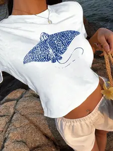 Women's Stingray Print Round Neck Tee, Casual Short Sleeve Crew Neck T-shirt, Coastal T Shirt for Daily Wear, Ladies Summer Clothes, Top, Womenswear
