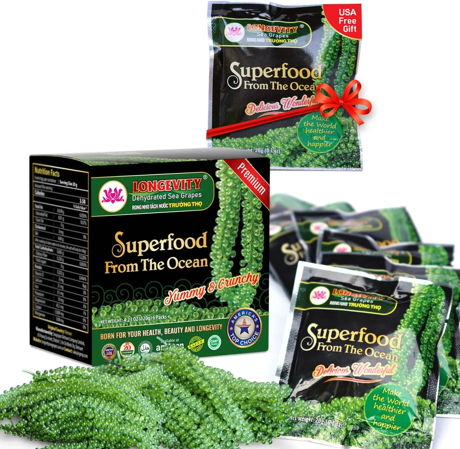 Longevity Dehydrated Sea Grapes (Umibudo Green Caviar), Lato Seaweed, 6 Pack x 4.23 oz, Premium Dried Seaweed for Salads, Sushi, Seafood Dishes & Gourmet Recipes