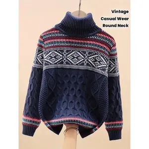 Autumn Winter New Seasonal Unisex Boys' & Girls' Sweater - Vintage Geometric Jacquard Pattern, Contrast Color Stripes, Long Sleeve Round Neck Pullover for Casual Outings, Cozy Knit Top, Casual Wear, Vibrant Pattern, Durable Knit
