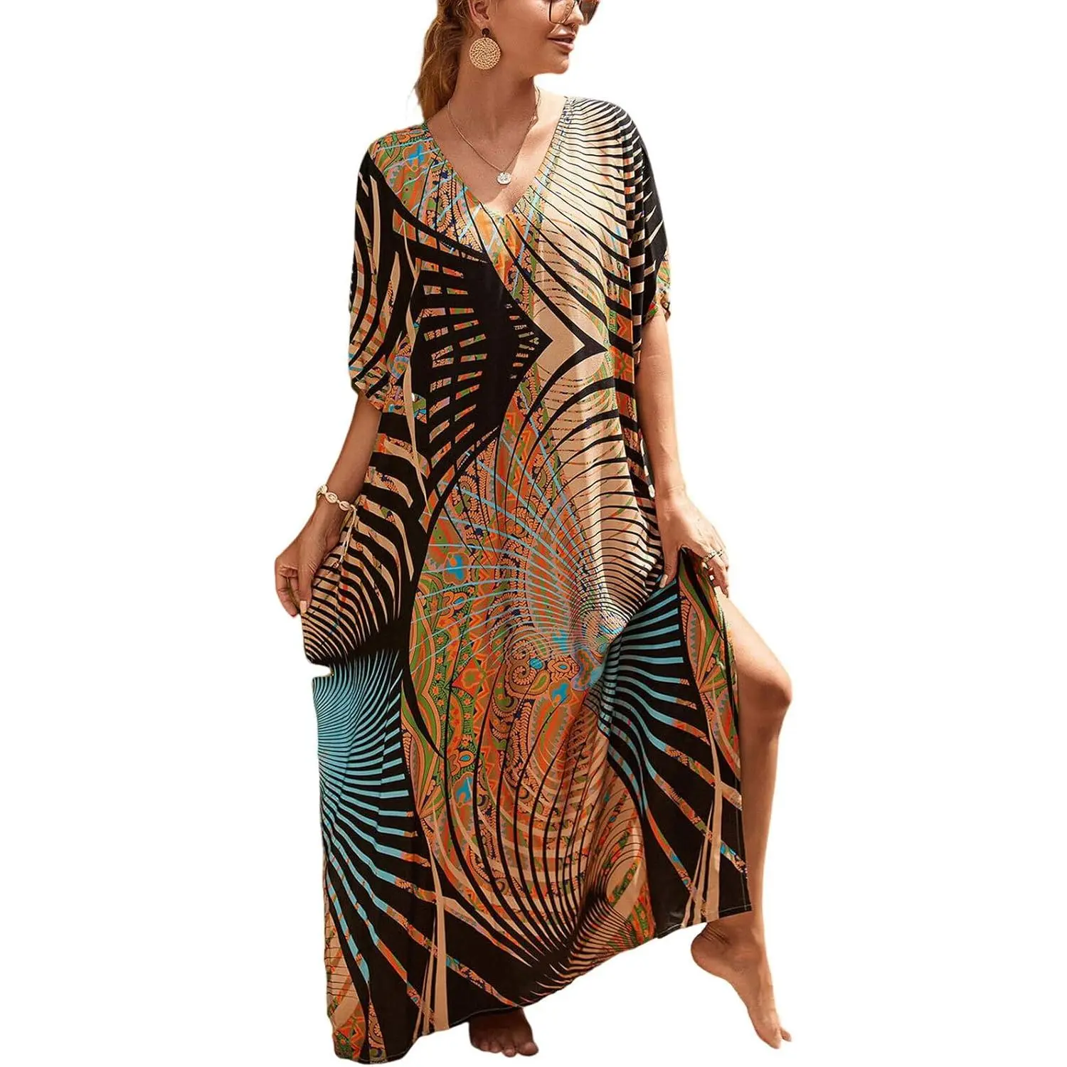 Women's Plus Size V-Neck Breezy Cotton Caftan Maxi Dress - Sunset-Ready Summer Casual Bathing Suit Cover-Up