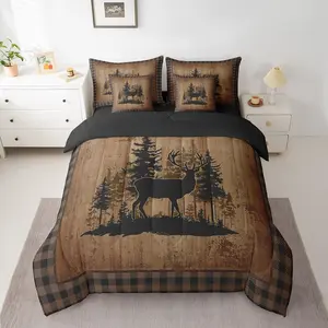 Deer Comforter Set with Sheets,7 Piece Rustic Hunting Bedding Set,Cabin Lodge Deer Bed in a Bag,Nature Wildlife Antlers Brown Buffalo Check Bed Set