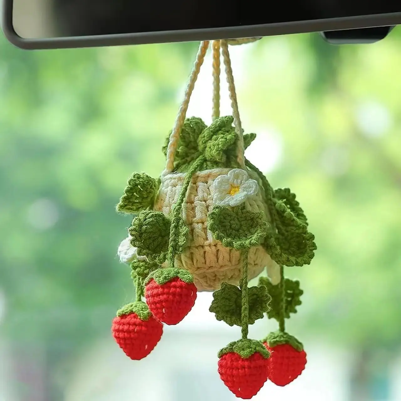 Strawberry Design Car Rear View Mirror Hanging Decoration, Handmade Crochet Car Hanging Ornament, Car Accessories