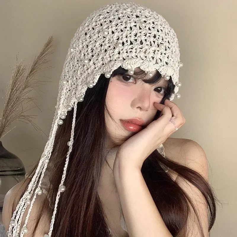 Large Head Circumference Handmade Knitted Beanie for Women, Thin, Breathable, Hollow Crochet Stackable Hat with Tassels, Knitted Yarn Hat