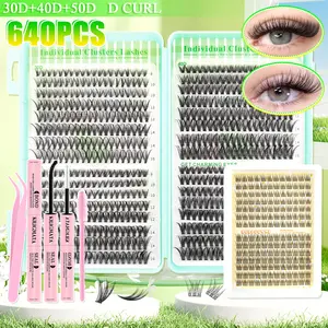 640PCS Lash Clusters Kit, 30D/40D/50D D Curl Individual Lashes with Bond Seal & Tweezers, DIY Fluffy Eyelash Extensions for Beginners, Reusable Wispy Cluster Lashes at Home