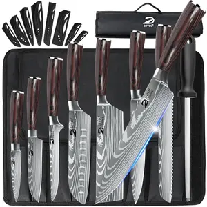 9Pcs Kitchen Knives Set with Roll Bag, Stainless Steel Japanese Damascus Pattern Chef Knife with Knife Sharpener,  Professional Chef Tool,Perfect Christmas & New Year Gift ldea