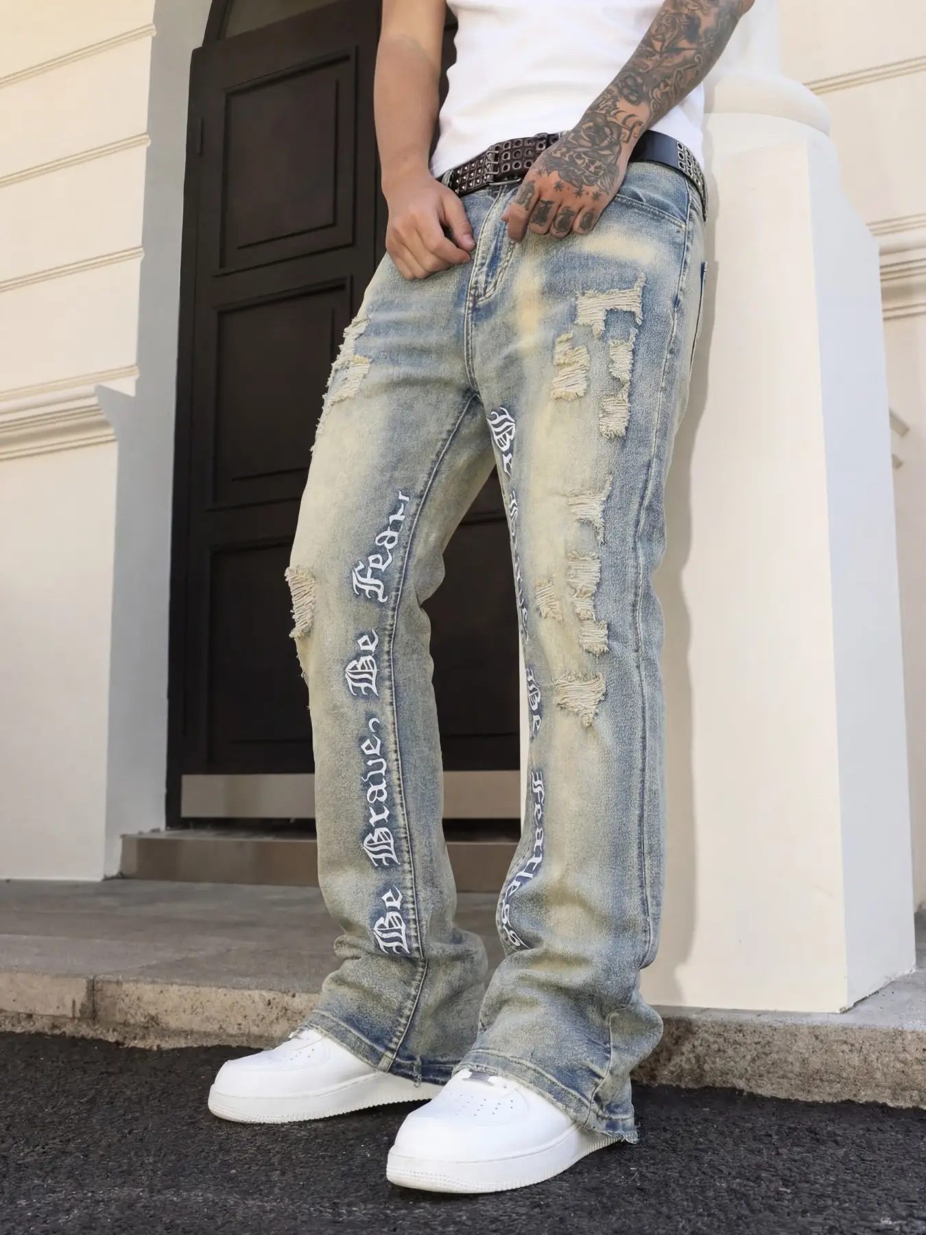 Men's All-Season Blue Vintage Wash Distressed Big Ripped Skinny Jeans, Gothic Letter Embroidery Streetwear Hip-Hop Pants, Letter Embroidered Jeans, Jean Pants Bottoms
