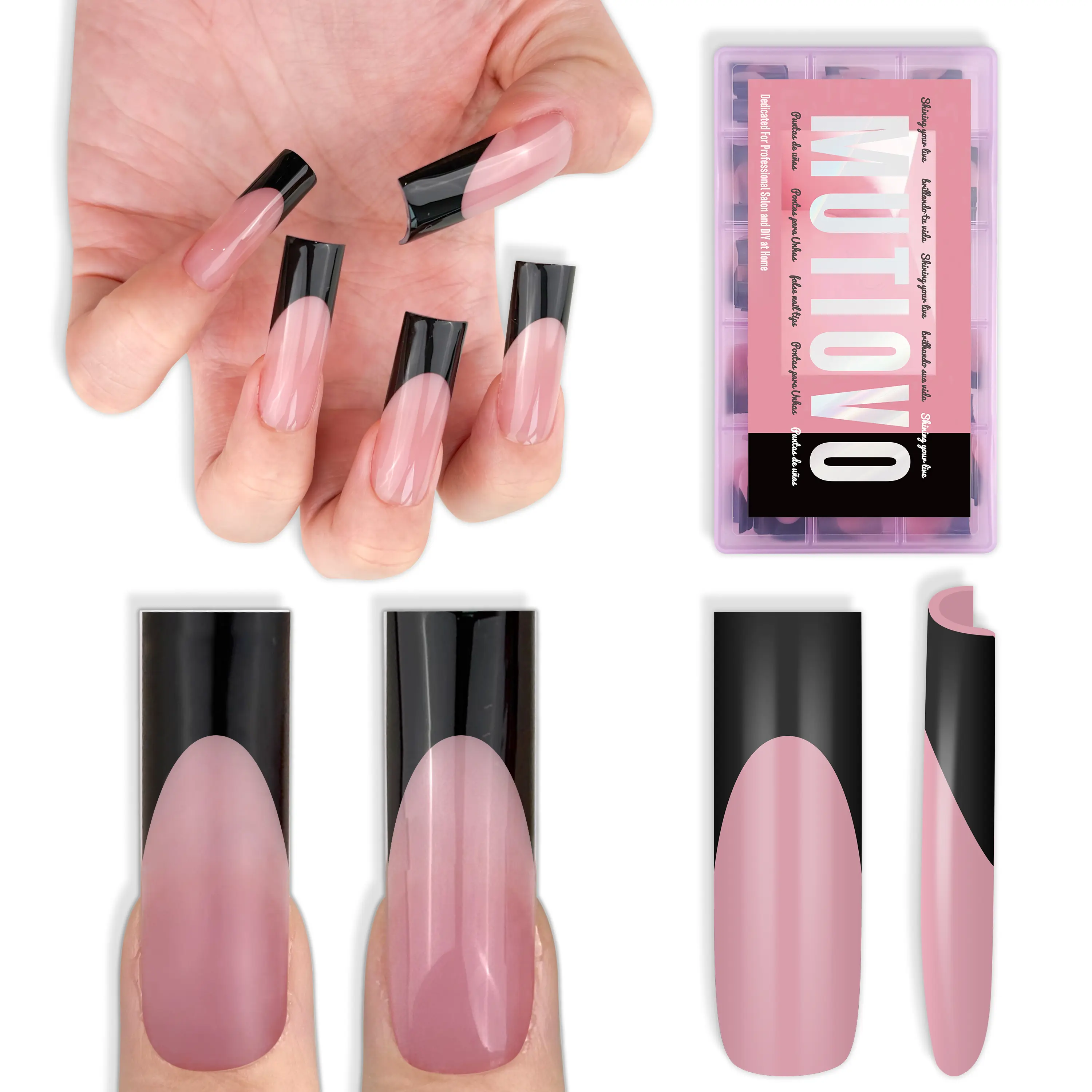 MUTIOVO Black French Tip Long Straight Square Nail Tips Press on, BERRY PINK Extra Thick Soft Gel Nail Extension, Full Cover False Nails, NEED Builder Glue Gel & Top Coat,for DIY x 15 Sizes 180 pcs