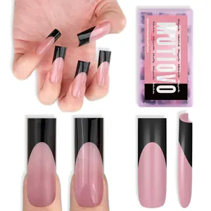 MUTIOVO Black French Tip Long Straight Square Nail Tips Press on, BERRY PINK Extra Thick Soft Gel Nail Extension, Full Cover False Nails, NEED Builder Glue Gel & Top Coat,for DIY x 15 Sizes 180 pcs