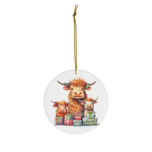 Festive Cow Family Christmas Ceramic Ornament - White Circle, Star, Heart and Oval