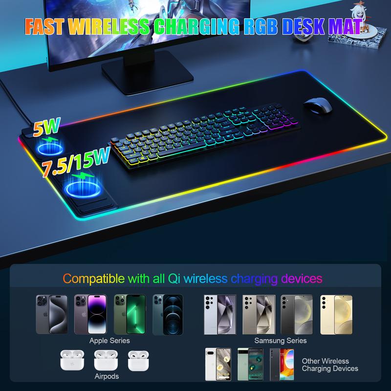 XXL Gaming Mouse Pad with Magnetic Wireless Charging, RGB Black Mousepad Desk Mat with 15W Fast Charger, Waterproof Laptop Writing for Office, Home, Gaming Desktop Accessory shopblackfriday Christmas 【Christmas】 game Foldable
