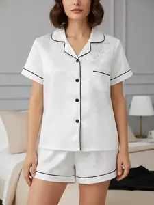 Women's Leopard Print Contrast Trim Lapel Neck Pajama Two-Piece Set, Comfort PJ Set, Short Sleeve Button Up Top & Shorts PJ Set, Casual Sleepwear Set for Women