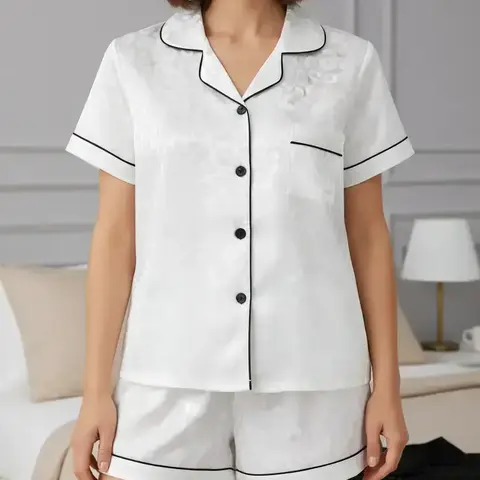 Women's Leopard Print Contrast Trim Lapel Neck Pajama Two-Piece Set, Comfort Loungewear Homewear PJ Set, Short Sleeve Button Up Top & Shorts PJ Set, Casual Sleepwear Set for Women, Outfit, Fit, Fabric, Pyjamas, Lady, Thin, Nightwear Pajama Set