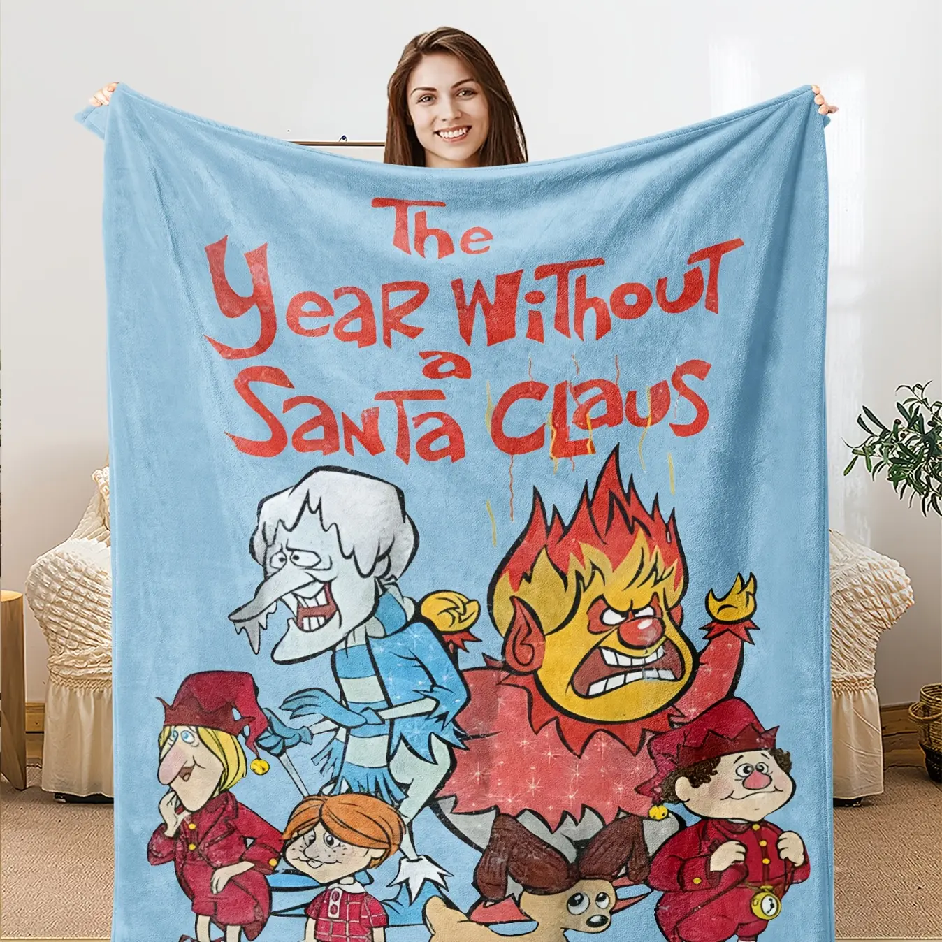 1pc Vintage Style Christmas Themed Flannel  Blanket - Digital Print Cartoon Santa Claus Design, Soft Knitted Polyester Throw, Machine Washable, Ideal Gift for Men & Women, for All Seasons  Skin-friendly, lightweight and soft