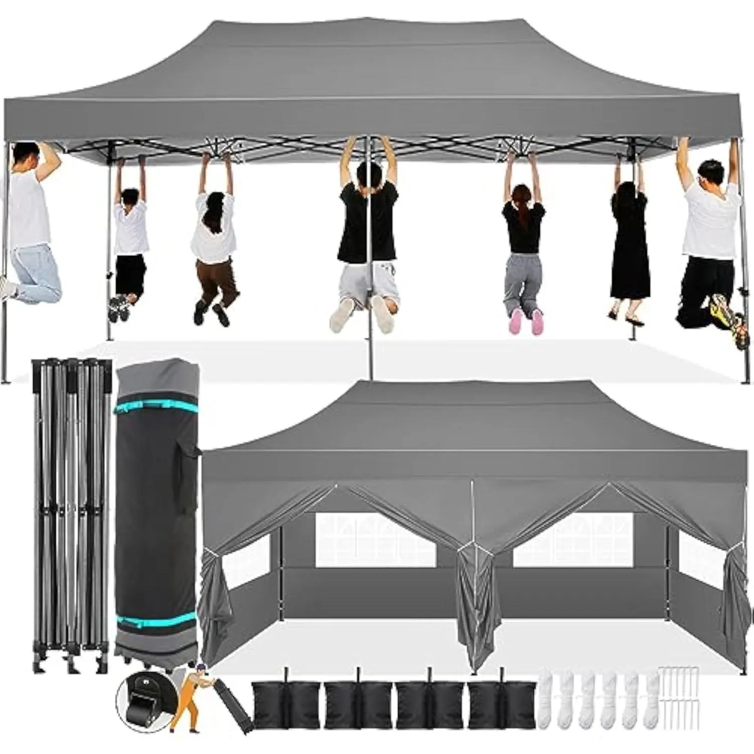 GARVEE 10x20 ft Pop Up Canopy Tent, Heavy Duty Outdoor Event Shelter, UPF 50+ Waterproof 210D Oxford Canopy with 6 Removable Sidewalls, 3 Adjustable Heights, for Patio Party Wedding Camping, Gray