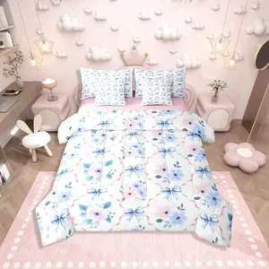 Blue Bow Bedding 7 Piece Pink Rose Flower Bow Comforter Set,Coquette Floral Bowknot Bed in a Bag,Aesthetics Room Decor Soft Comfy