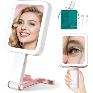 Travel Makeup Mirror with Lights,10X/1X Magnifying Mirror with Light, Double Sided Travel Mirror with 3 Color Light,Dimmable Touch,Lighted Makeup Mirror for Tabletop,Handheld,Hanging(Rose Gold)