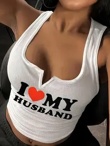 Women's Slogan Heart Print Notched Neck Crop Tank Top, Camisole Tops, Casual Fashionable Sleeveless Top for Daily Outdoor Wear, Ladies Clothes for Summer Valentine's Day, gift