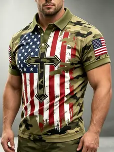 250th Anniversary American Camouflage Flag and Cross Print Polo Shirt, Men's Casual Collared Short-Sleeve Shirt, Patriotic Theme Commuter Top, American Flag Sleeve Patchwork Striped Short-Sleeve Shirt, Casual Business Collared Top