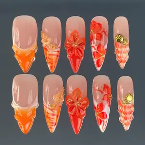 jasonj.nail Coral Blossom Ocean Press-On Nails, Orange Ombre Base, 3D Flower, Shell Charm, Gold Bead Detail, Glossy Almond Shape, Handmade Summer Beach Nails, Vacation Ready Nail Art