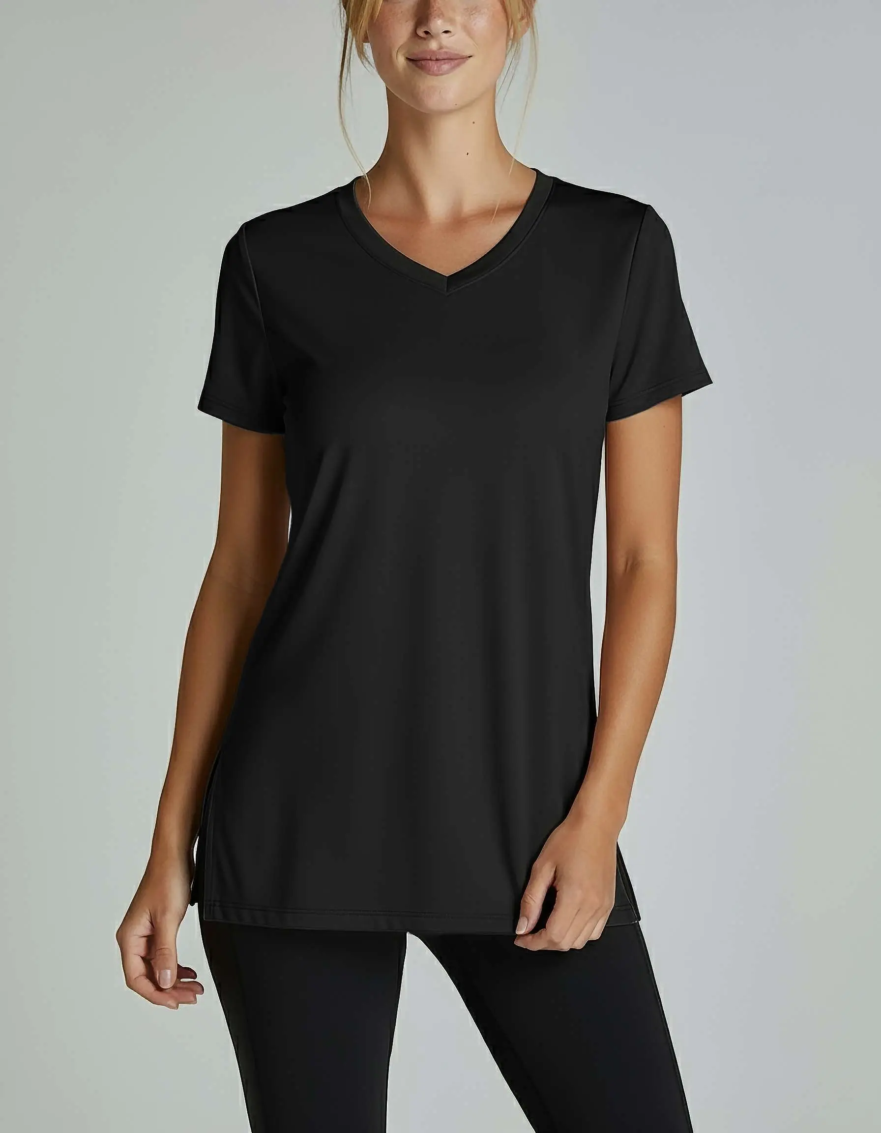 Real Essentials 5 Pack: Women's Short Sleeve Split Hem V-Neck T-Shirts, Athletic Tops, Gym, Workout, Yoga, Activewear (Plus)
