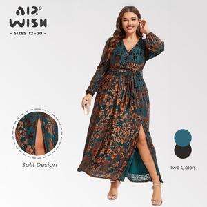 【Plus Size】Airwish Curve Hugging Tummy Control Flattering Floral Print Belted Split Wrap Velvet Maxi Dress Casual Formal Soft Aesthetic Elegant  Evening Elegance Pockets Christmas