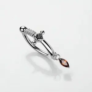 Dagger Belly Ring with Marquise Gem Dangle - 14g Gauge 10mm Barbell - Elegant Silver Charm Piercing Jewelry