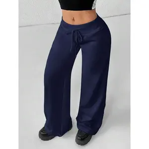 HoloChic comfortable, casual plain knitted low-rise wide-leg women’s sweatpants in navy blue — basic minimalist womenswear bottoms