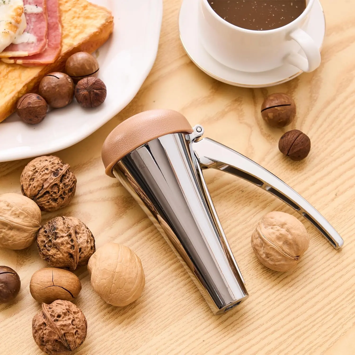 Nut Cracker,Heavy Duty Nut Cracker Tool with Splash-Proof Brown Lid,Long Leverage & Spring Return Nutcracker for Effortless Cracking