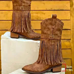 Vintage Style Women's Over-the-Knee Boots, Solid Color Pointed Toe Chunky Heel Western Cowboy Boots, with Tassel Detail, Mid-Calf Height, PU Upper, Fabric Lining, TPR Sole, Four Seasons Casual Shoes Girl Footwear Comfort Onyx Bathroom Dark Brown